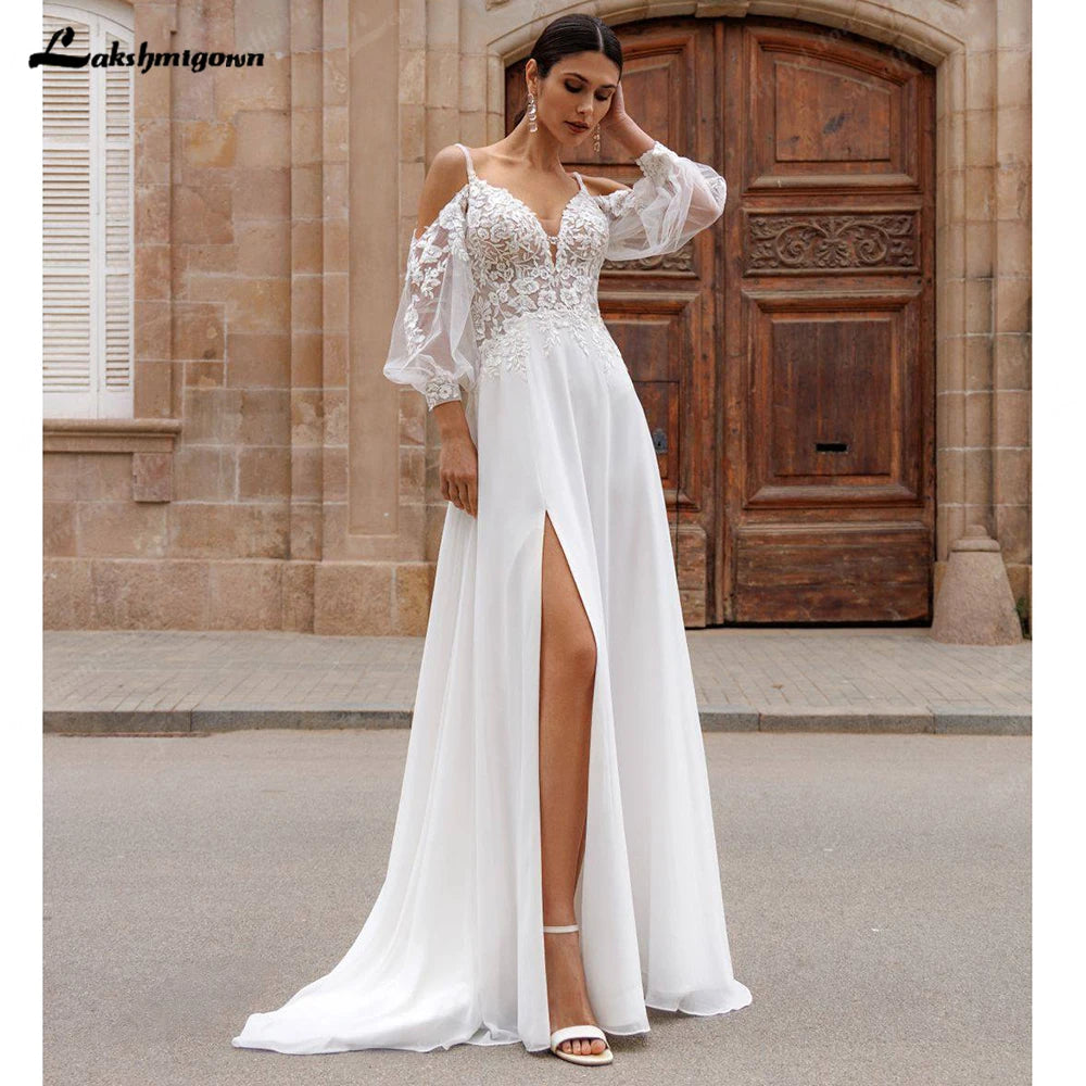 Lakshmigown Puffy Long Sleeve Boho Beach Wedding Dresses 2026 Off Shoulder Lace Chiffon V Neck Bridal Gown Customized