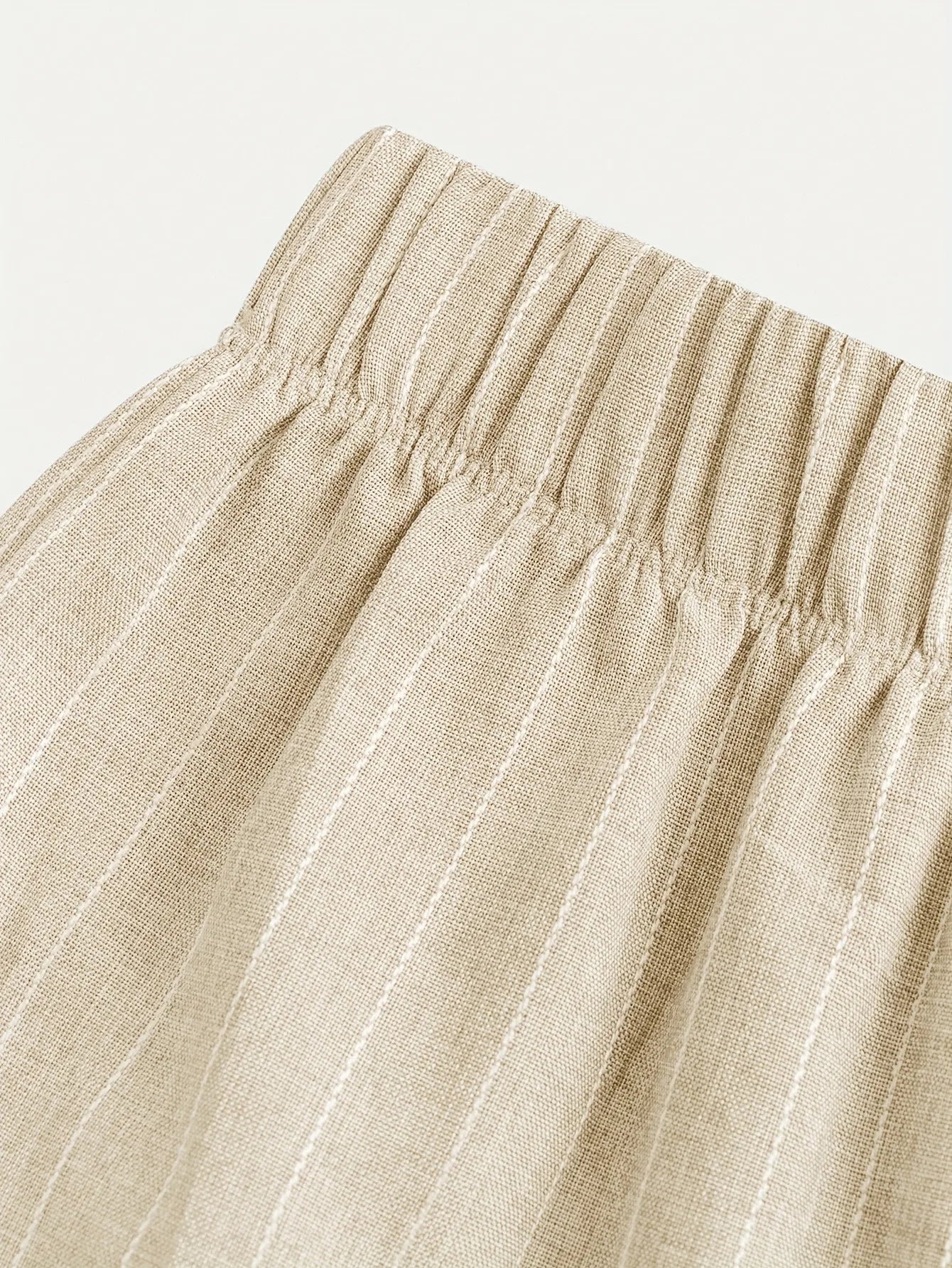 Girls 2-Piece Linen Blend Suit - Beige Pinstripe Waistcoat & Wide Leg Pants Formal Set for Kids