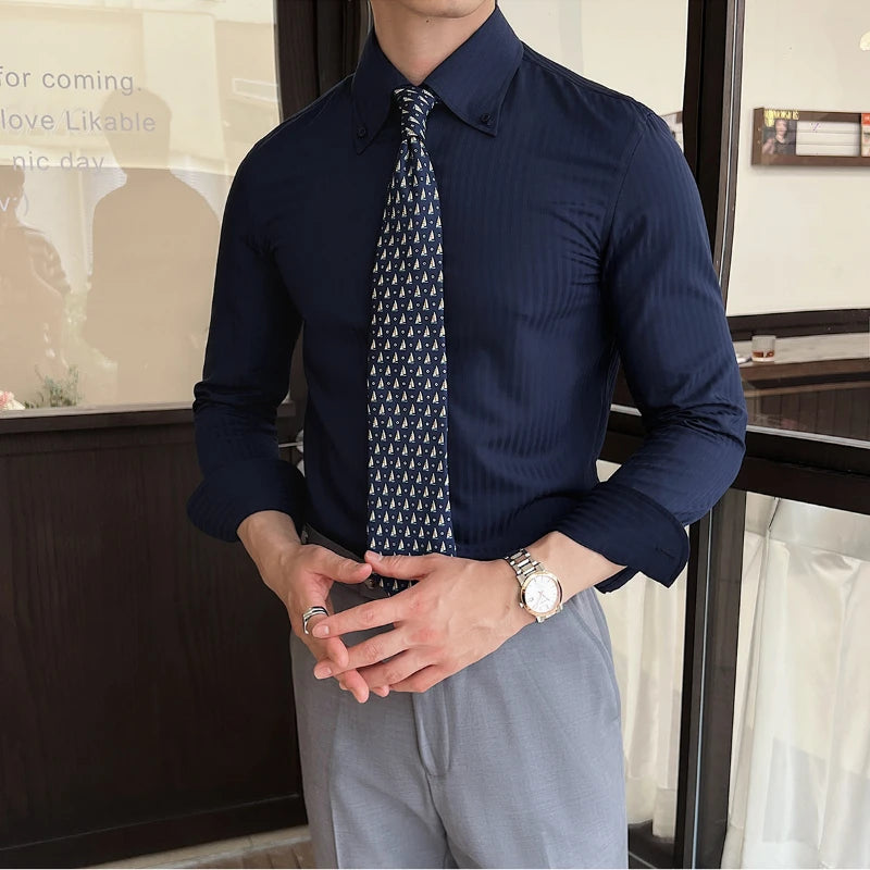 High-quality autumn men's new long-sleeve dark striped slim-fit shirt business casual formal workwear M-4XL