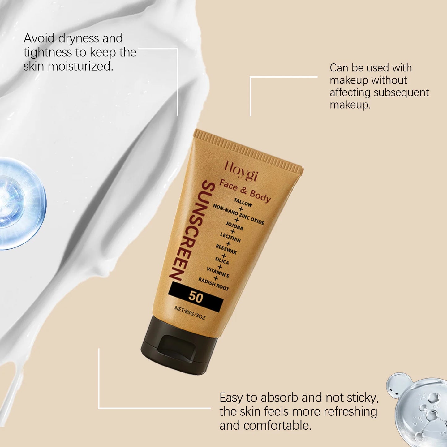 Hoygi Light Sunscreen Cream Refreshing Prevent Sunburn Moisturizing Non-sticky Reduce Dryness Soothing Discomfort Body Sunscreen