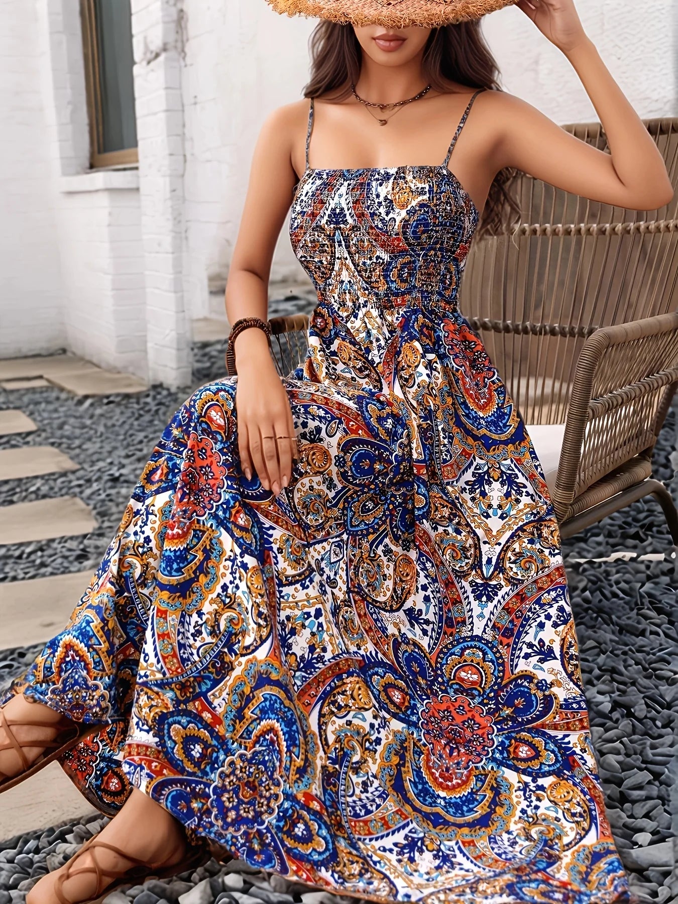 Women's Elegant Ethnic Paisley Print Swept Waist A Pendulum Resort Suspender Large Pendulum Long Dress