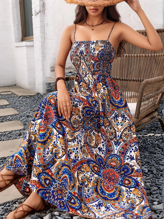 Women's Elegant Ethnic Paisley Print Swept Waist A Pendulum Resort Suspender Large Pendulum Long Dress