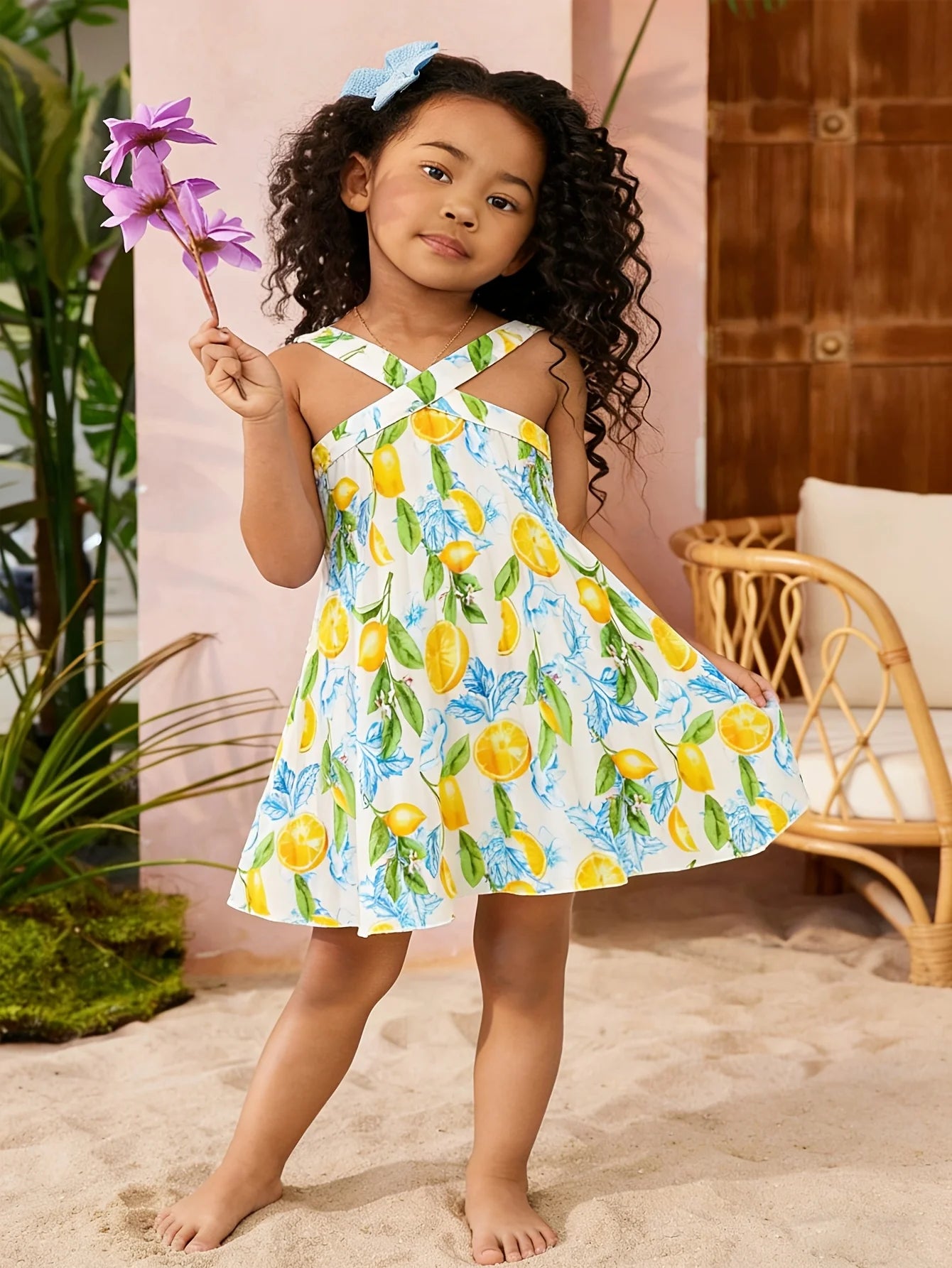 Girls' summer casual vacation style sleeveless tropical floral dress for outdoor play, simple dress