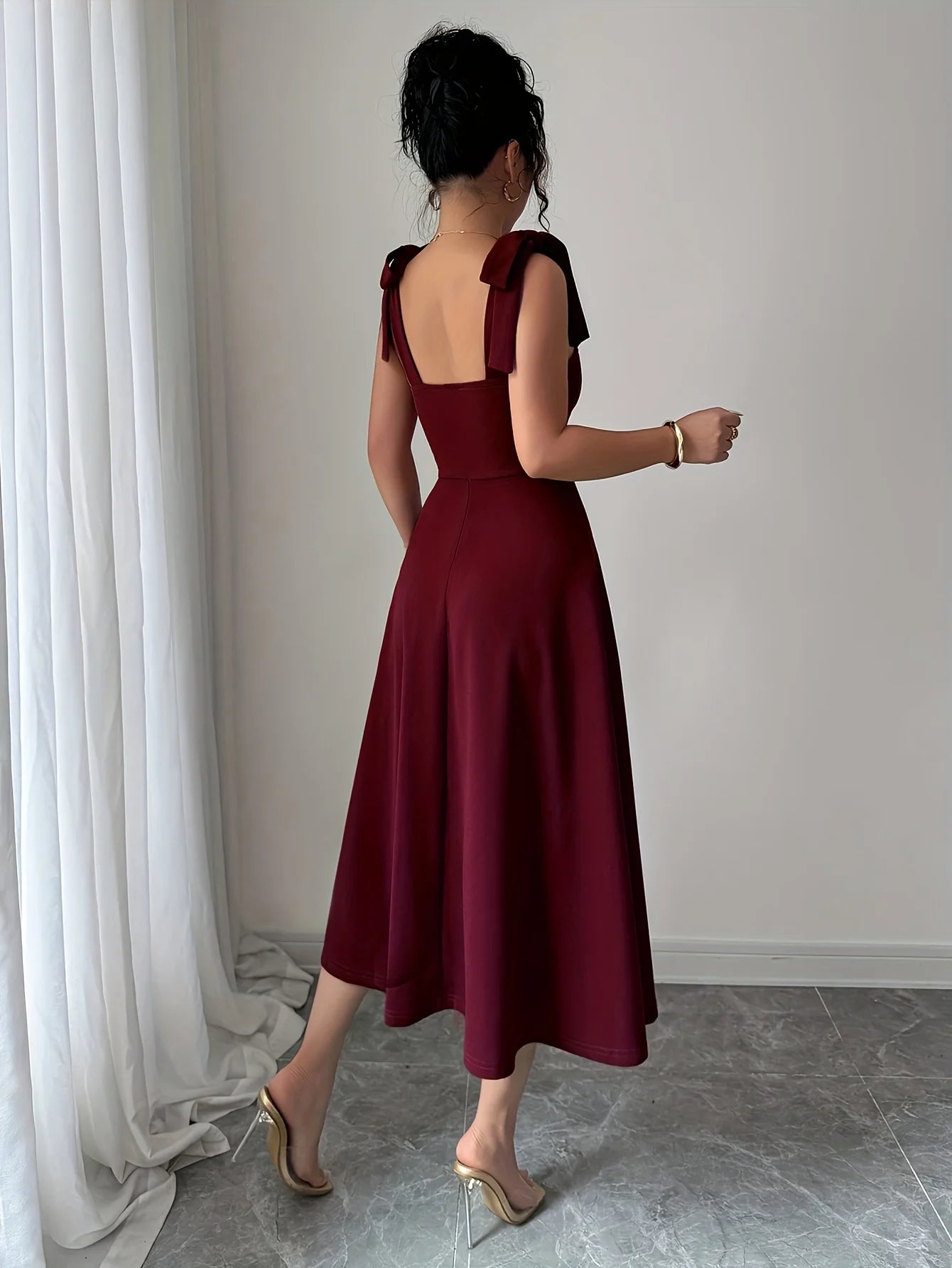 Women's elegant shoulder strap tie design, cinched waist, large A-line long dress, suitable for dates and parties