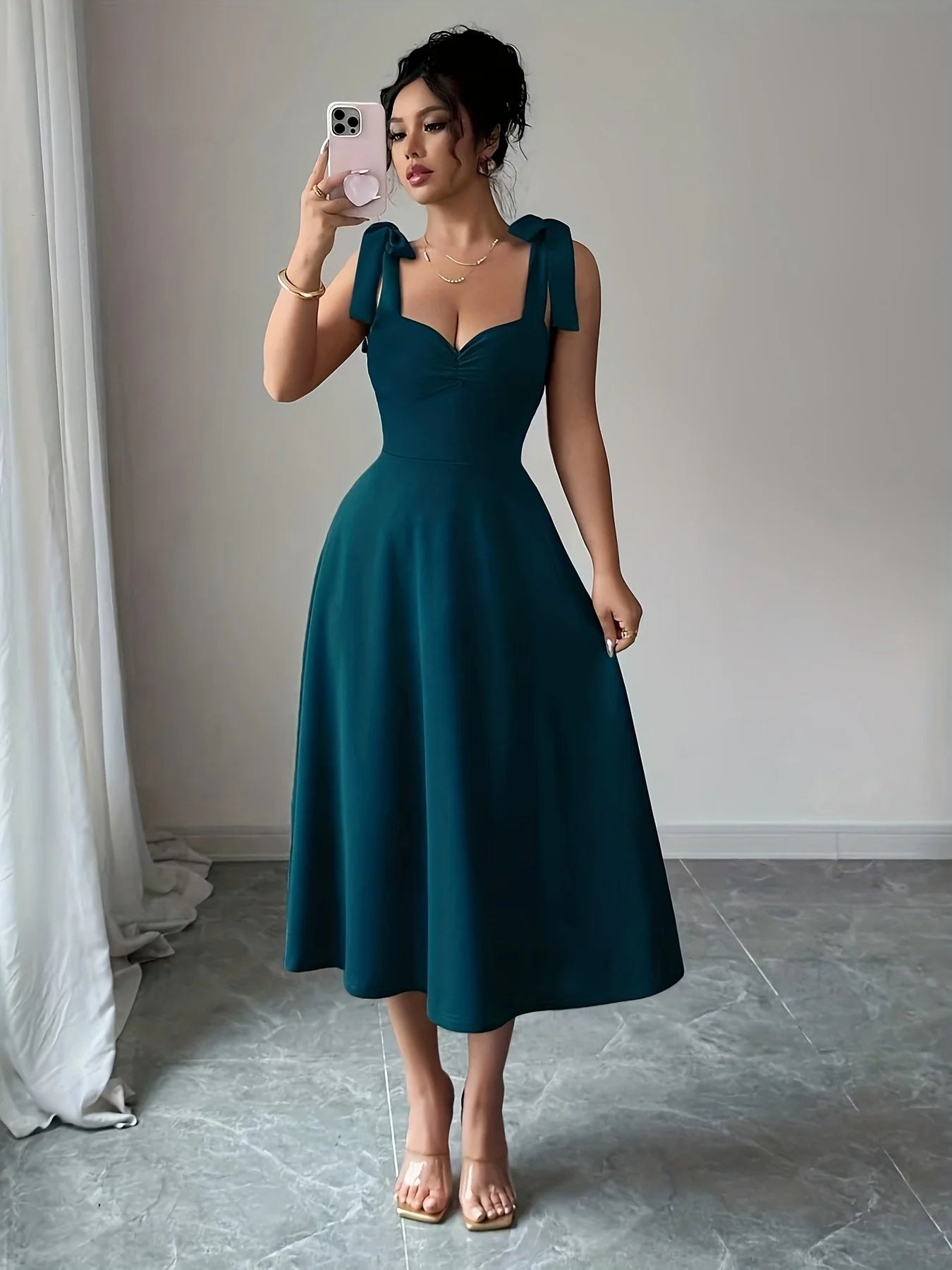 Women's elegant shoulder strap tie design, cinched waist, large A-line long dress, suitable for dates and parties