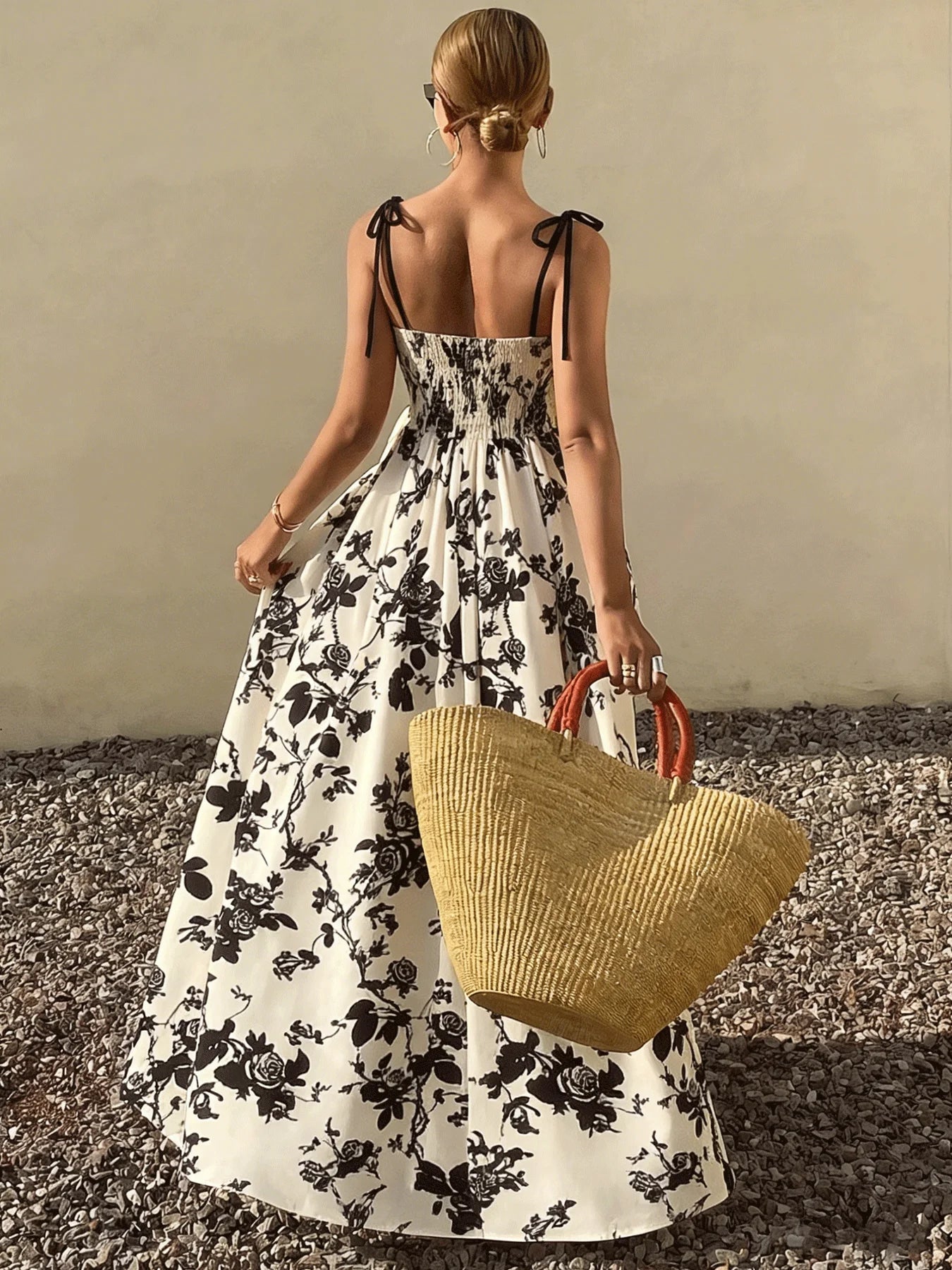 Women Tie Strap Square Neck Floral Print Flared Maxi Dress Boho New Spring Summer Vacation Beach Date Lightweight Flattering Dre