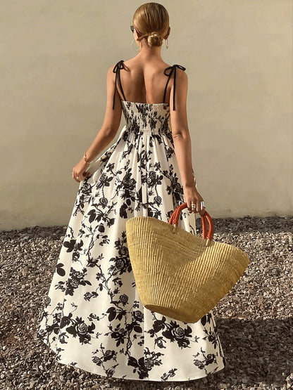 Women Tie Strap Square Neck Floral Print Flared Maxi Dress Boho New Spring Summer Vacation Beach Date Lightweight Flattering Dre