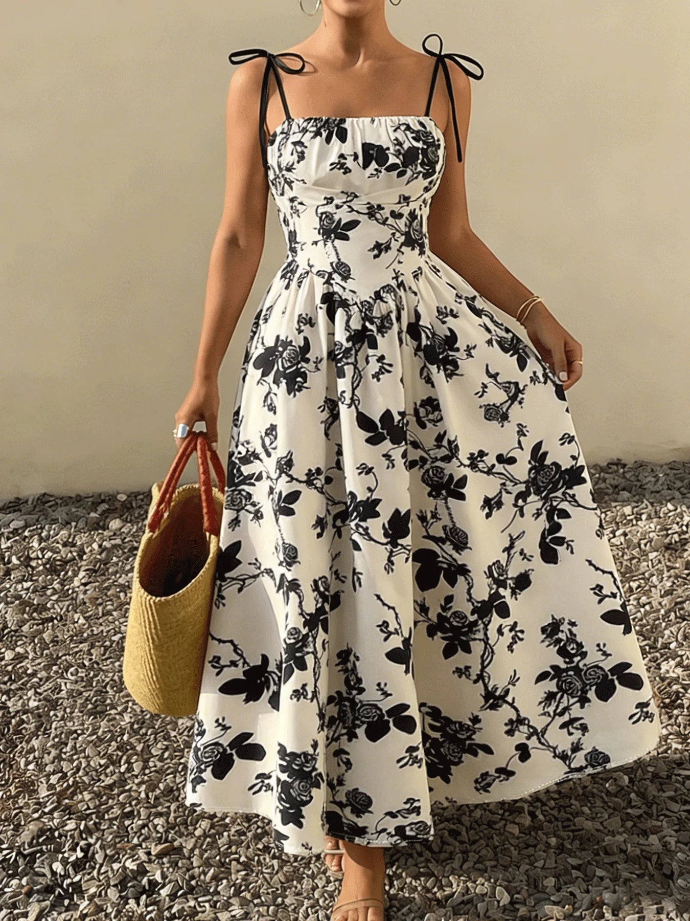 Women Tie Strap Square Neck Floral Print Flared Maxi Dress Boho New Spring Summer Vacation Beach Date Lightweight Flattering Dre