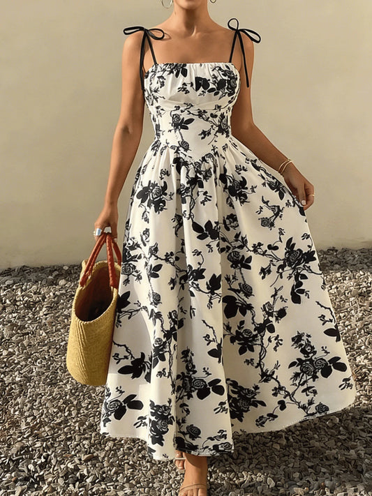 Women Tie Strap Square Neck Floral Print Flared Maxi Dress Boho New Spring Summer Vacation Beach Date Lightweight Flattering Dre