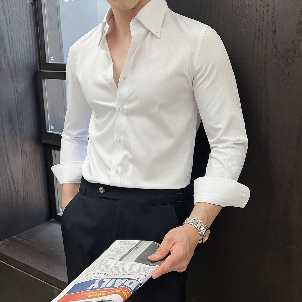 High-quality autumn men's new long-sleeve dark striped slim-fit shirt business casual formal workwear M-4XL