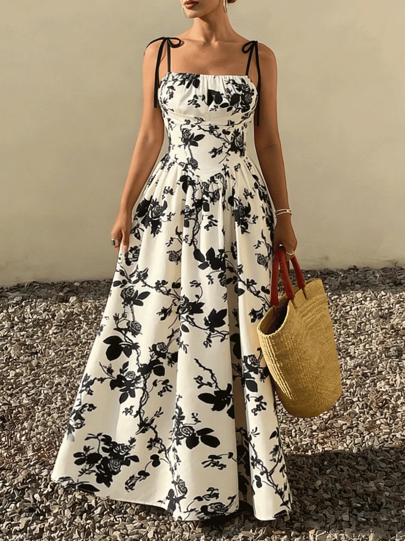 Women Tie Strap Square Neck Floral Print Flared Maxi Dress Boho New Spring Summer Vacation Beach Date Lightweight Flattering Dre