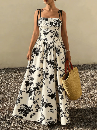 Women Tie Strap Square Neck Floral Print Flared Maxi Dress Boho New Spring Summer Vacation Beach Date Lightweight Flattering Dre