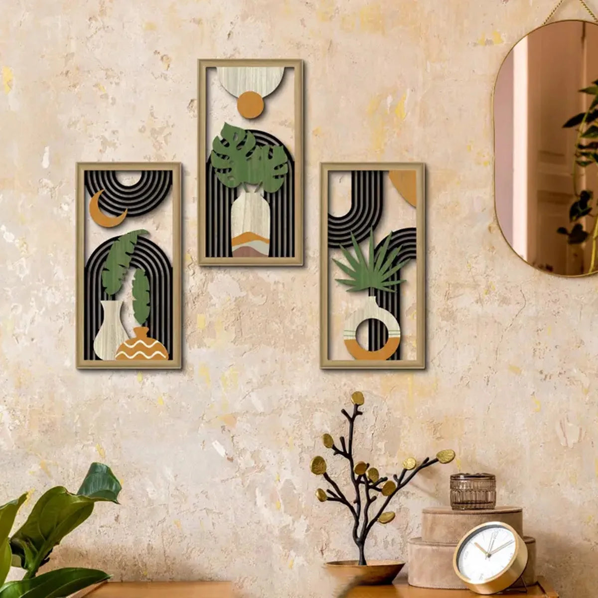 3pcs Hollow wall art Bohemian style hollow wood art wall decoration abstract geometry wall art bedroom living room dining room