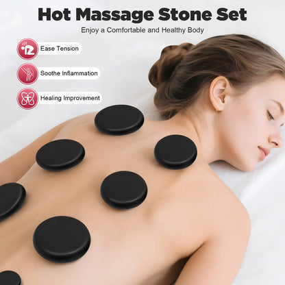 Professional Hot Stone Massage Kit with Heater, 20pcs Natural Volcanic Basalt Stones for Muscle Pain Relief, Home Spa Therapy