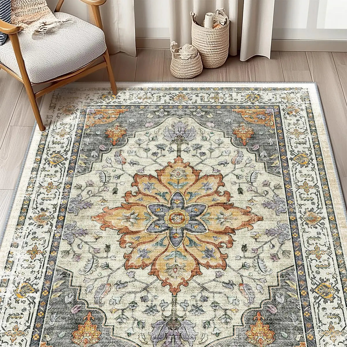 VIKAMA Retro Persian Style Flower Carpet Living Room Sofa Tea Table Carpet Bedroom Bedside Carpet Home Decoration