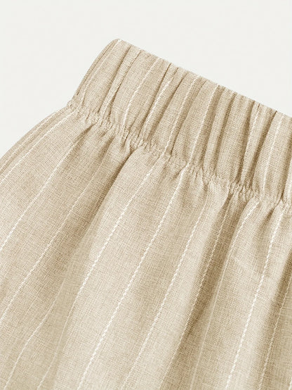 Girls 2-Piece Linen Blend Suit - Beige Pinstripe Waistcoat & Wide Leg Pants Formal Set for Kids