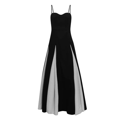 Elegant Black White Contrasting Women Sling Dress Fashion Backless Sleeveless High Waist Maxi Dresses Female Party A-Line Robes