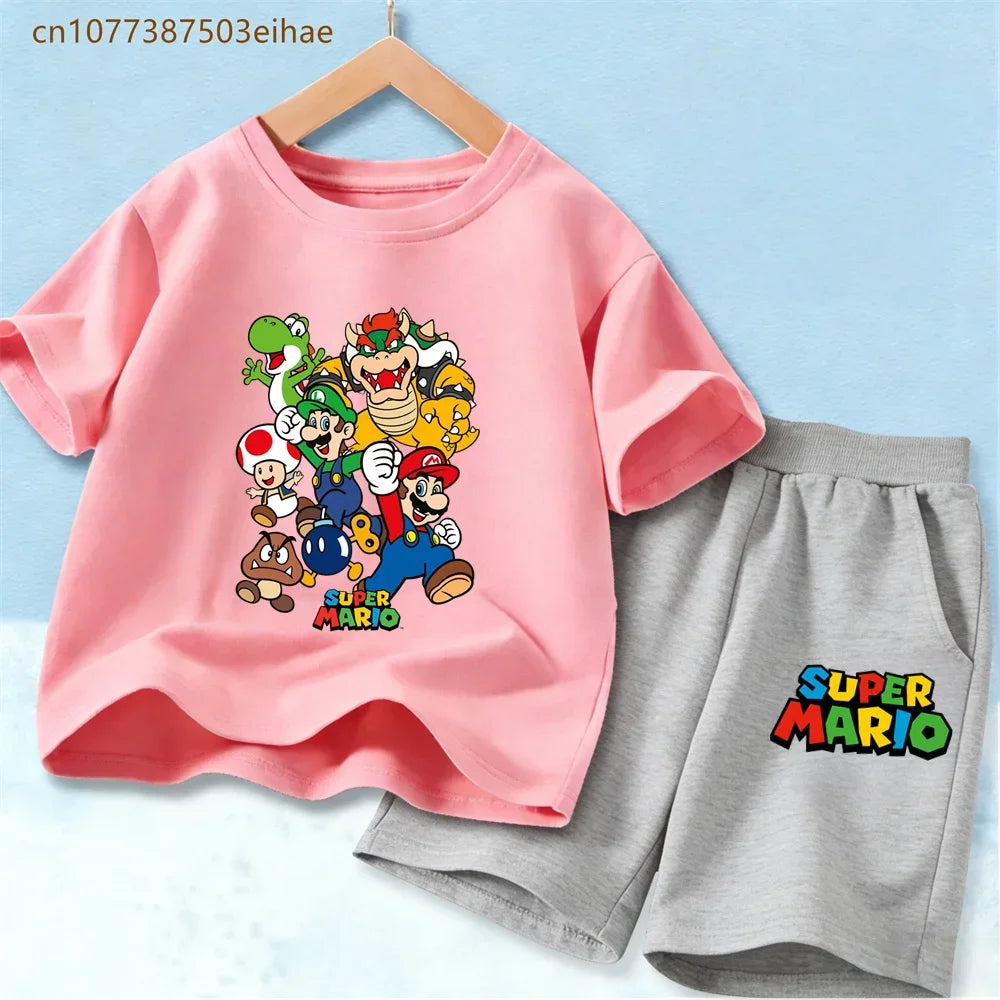 Summer Kids Clothing Sets Super Mario Cartoon Print Cotton Short Sleeve T-Shirt Casual Shorts Soft Outfits For Baby Boys Girls
