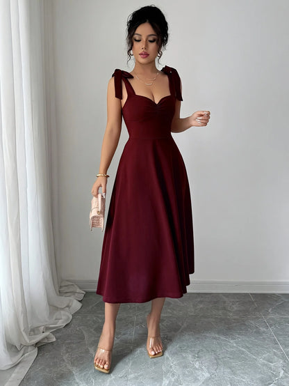 Women's elegant shoulder strap tie design, cinched waist, large A-line long dress, suitable for dates and parties