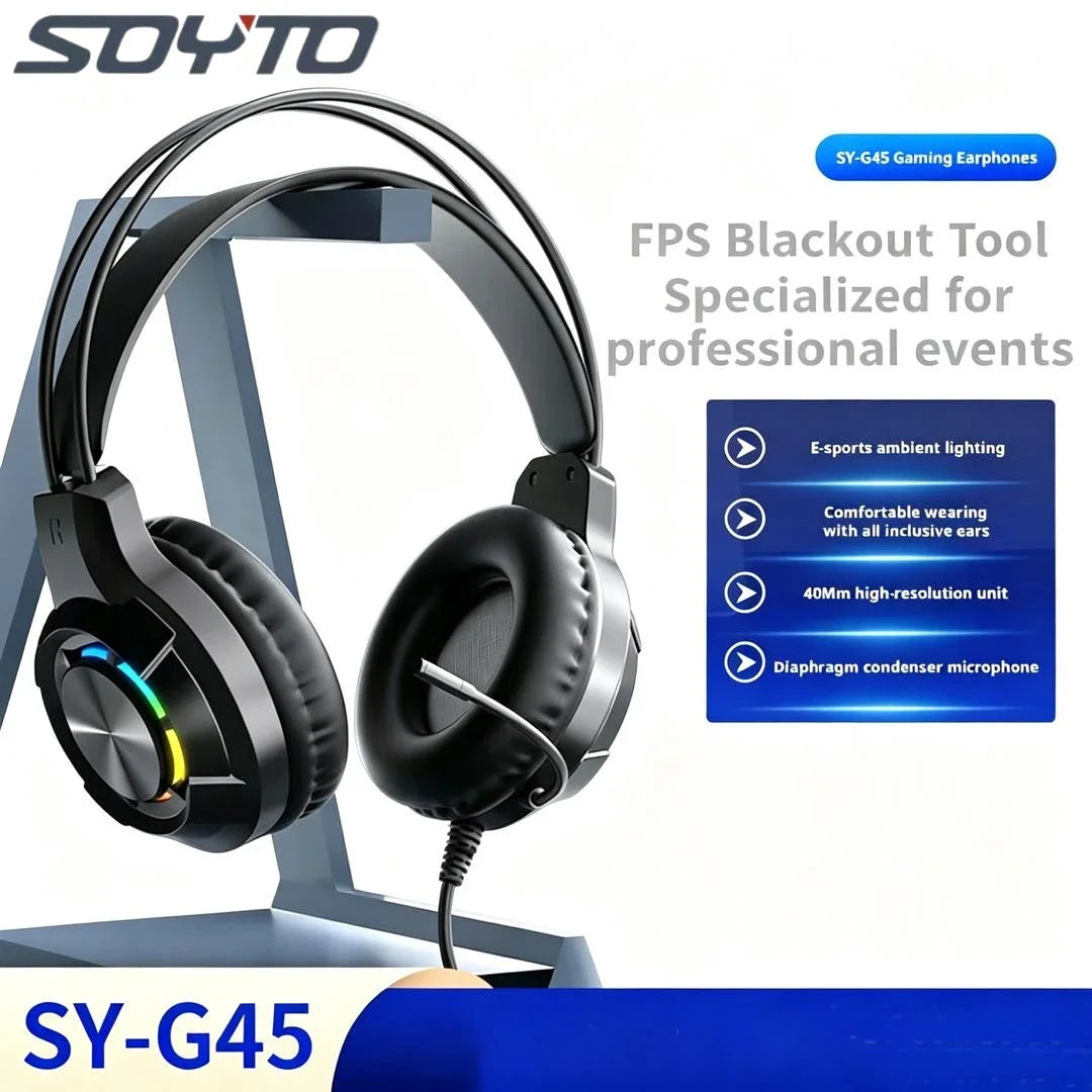 SOYTO Black/White Cool RGB Wired Gaming Headset Heavy Bass Stereo Headphone With Mic Comfortable Over Ear Earphone For Gaming