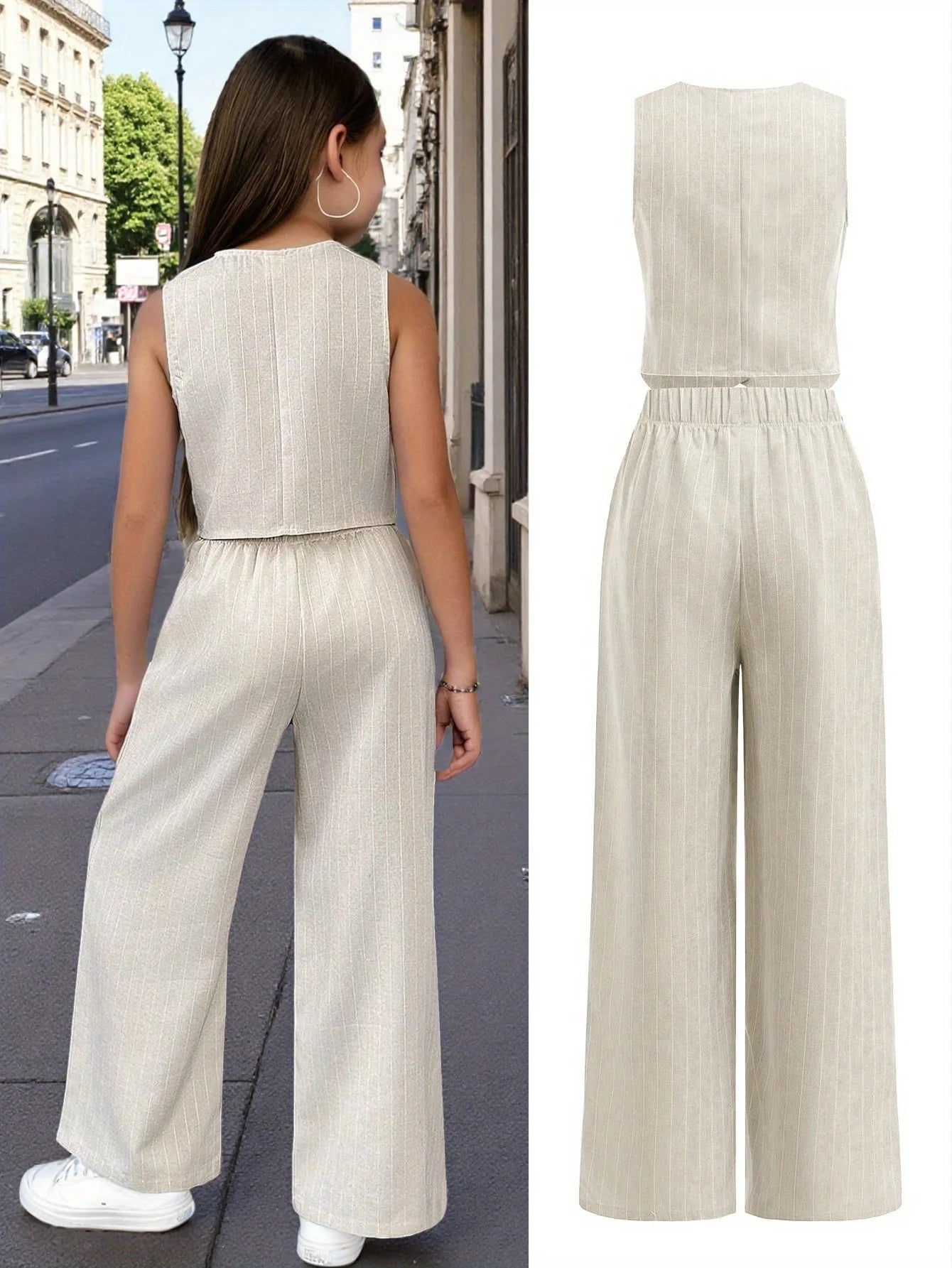 Girls 2-Piece Linen Blend Suit - Beige Pinstripe Waistcoat & Wide Leg Pants Formal Set for Kids
