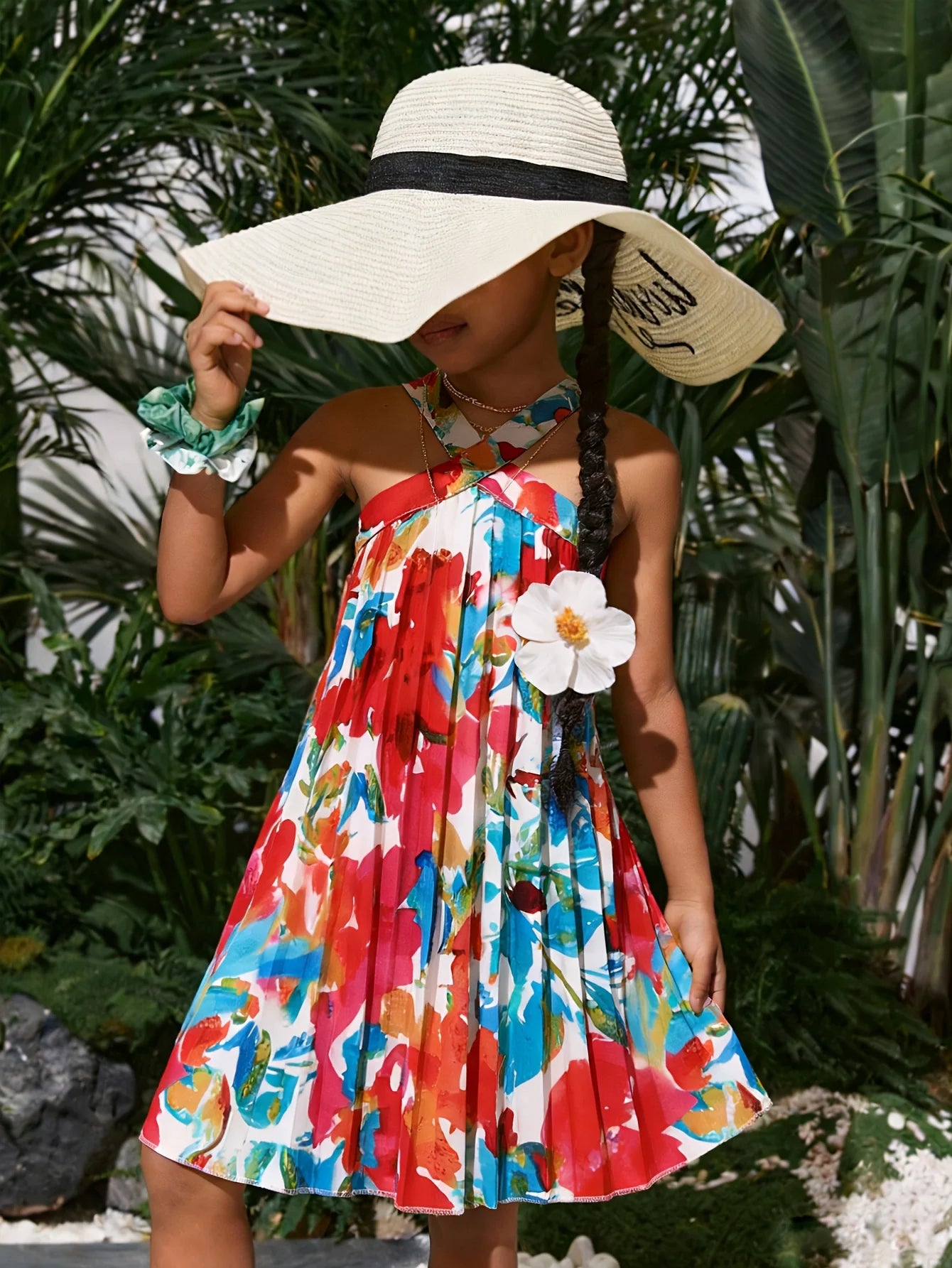 Girls' summer casual vacation style sleeveless tropical floral print dress with vitality and freshness