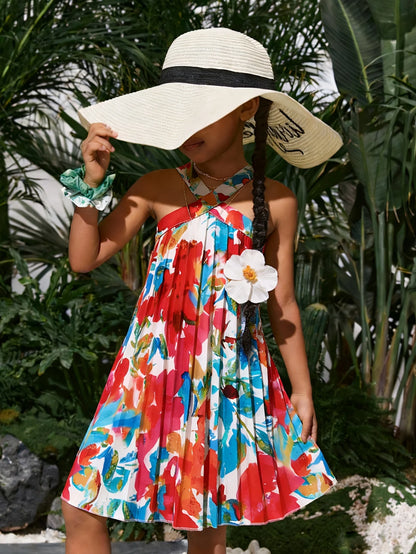 Girls' summer casual vacation style sleeveless tropical floral print dress with vitality and freshness