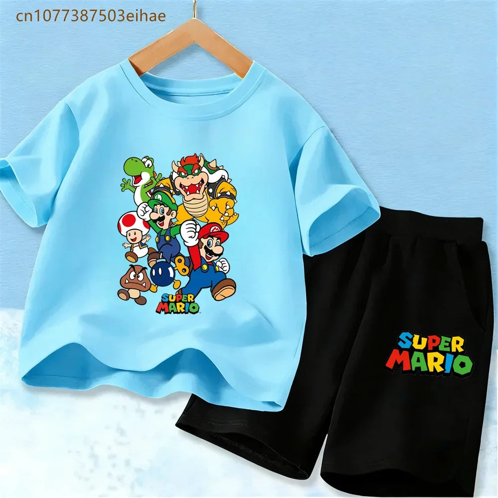 Summer Kids Clothing Sets Super Mario Cartoon Print Cotton Short Sleeve T-Shirt Casual Shorts Soft Outfits For Baby Boys Girls