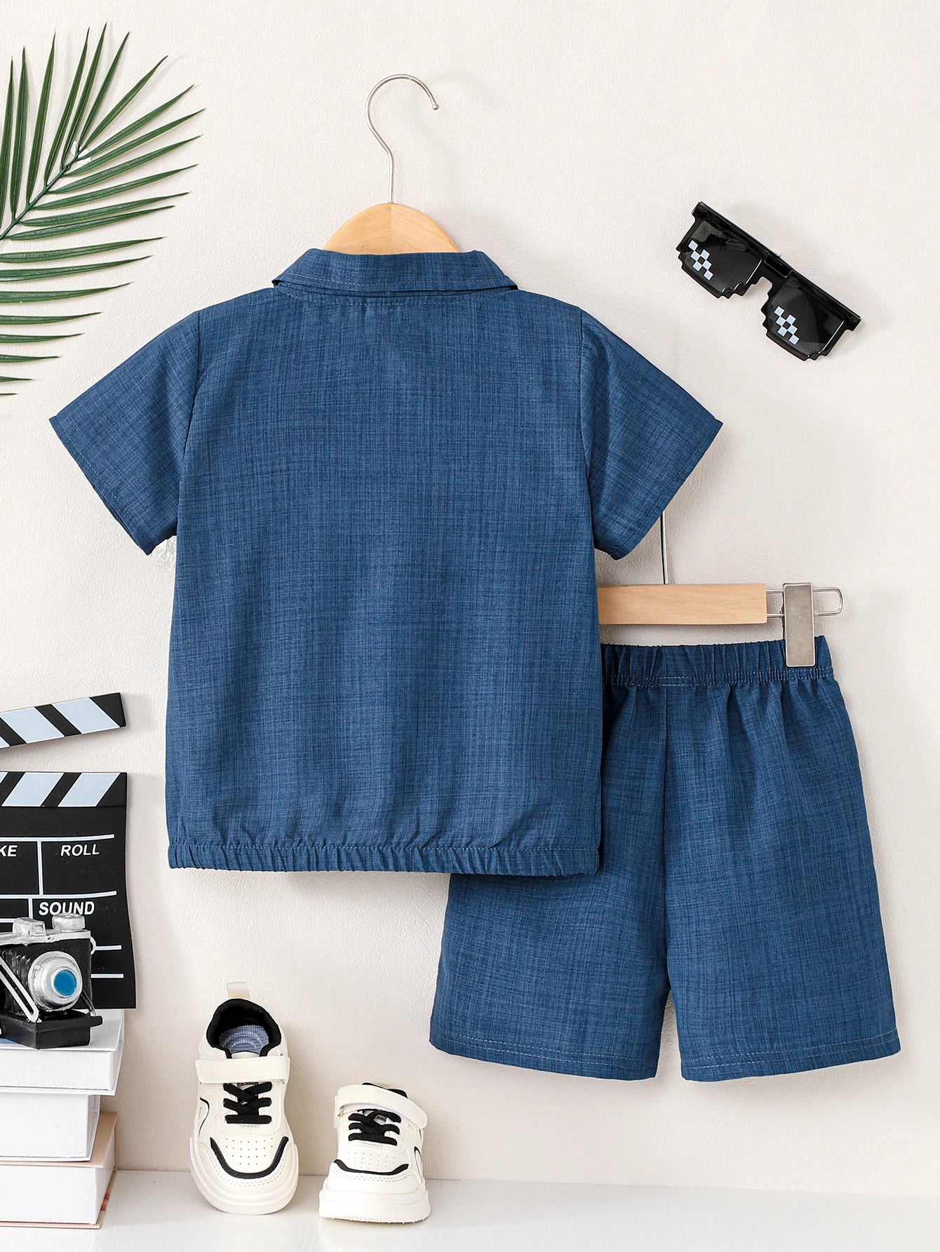 Boys Preppy Denim Blue Button Down Shirt 2Pcs Outfit, Short Sleeve Top + Shorts, Kids Summer Casual Clothes 3-12Y