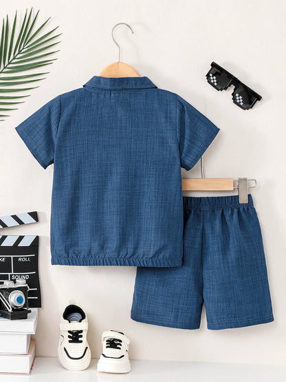 Boys Preppy Denim Blue Button Down Shirt 2Pcs Outfit, Short Sleeve Top + Shorts, Kids Summer Casual Clothes 3-12Y