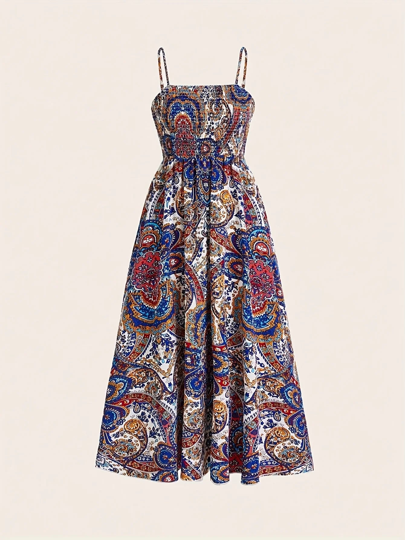 Women's Elegant Ethnic Paisley Print Swept Waist A Pendulum Resort Suspender Large Pendulum Long Dress