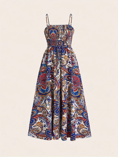 Women's Elegant Ethnic Paisley Print Swept Waist A Pendulum Resort Suspender Large Pendulum Long Dress