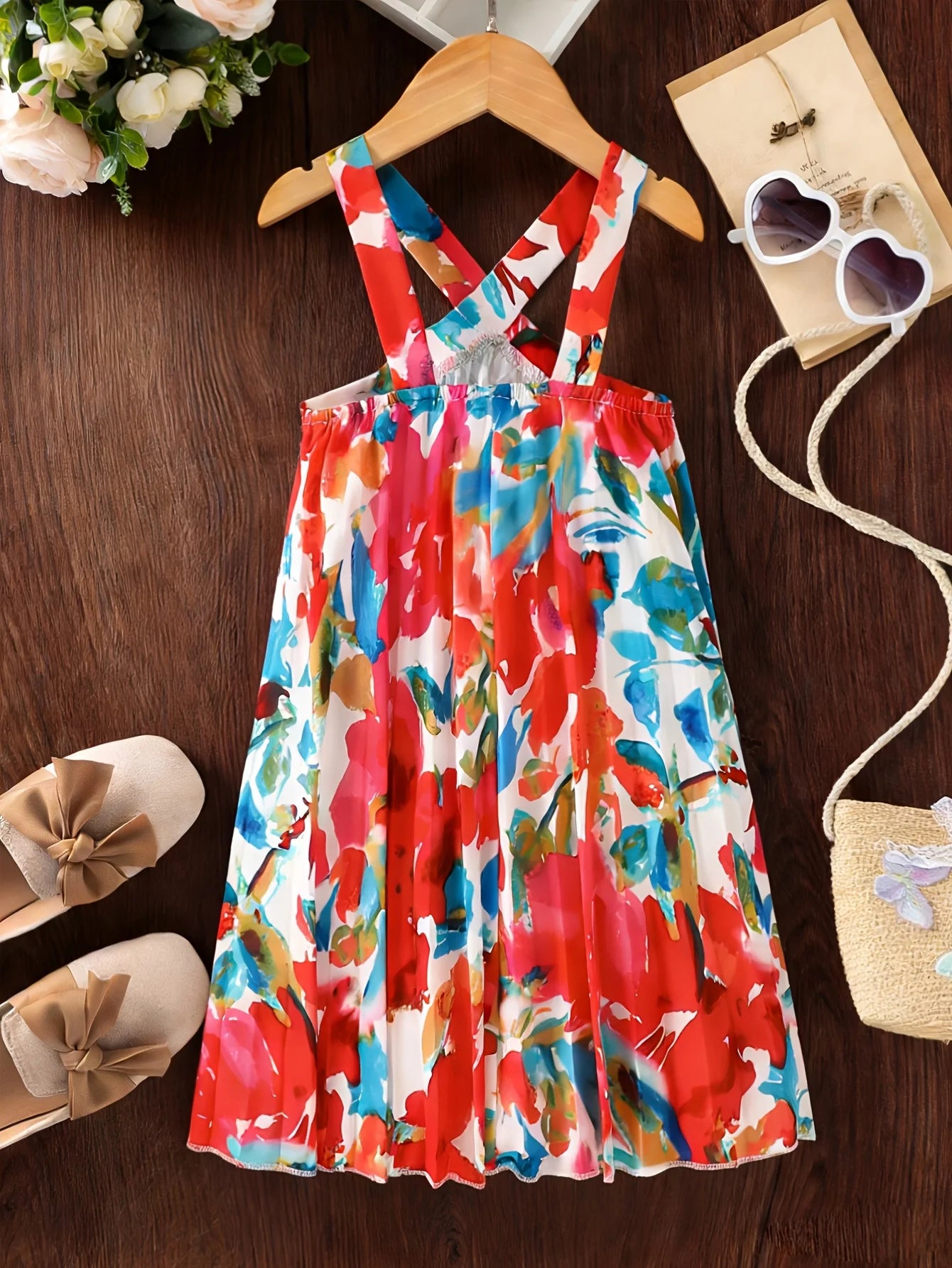 Girls' summer casual vacation style sleeveless tropical floral print dress with vitality and freshness
