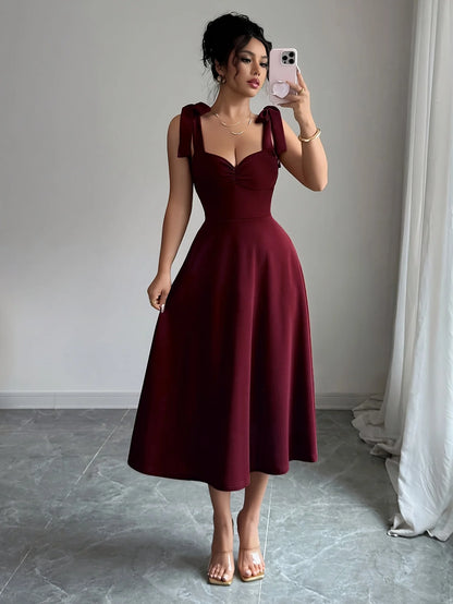 Women's elegant shoulder strap tie design, cinched waist, large A-line long dress, suitable for dates and parties