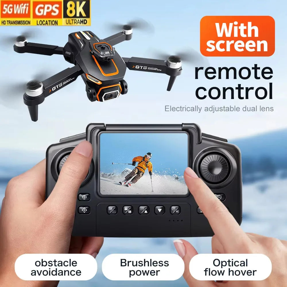 GT5 8K HD Optical Flow Dual Lens Drone With Wide-Angle Camera Foldable Quadcopter WiFi Kids Remote Control Toys Children Gifts