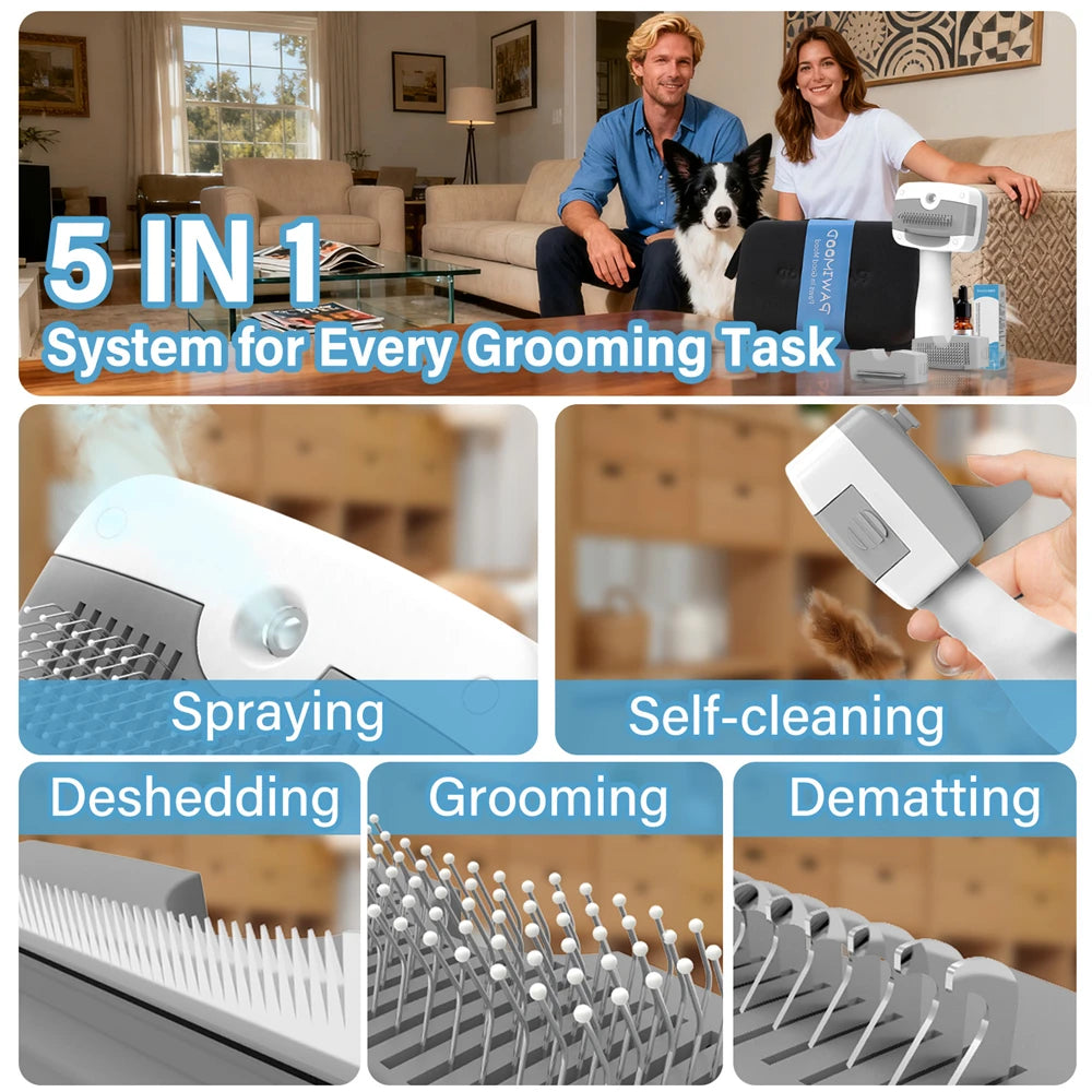 PAWIMOOD 3 in 1 Pet Steam Brush for Dogs Cats Spray Hair Removal Comb Self Cleaning 3 Swap Heads Grooming Dematting Deshedding