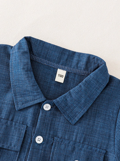 Boys Preppy Denim Blue Button Down Shirt 2Pcs Outfit, Short Sleeve Top + Shorts, Kids Summer Casual Clothes 3-12Y