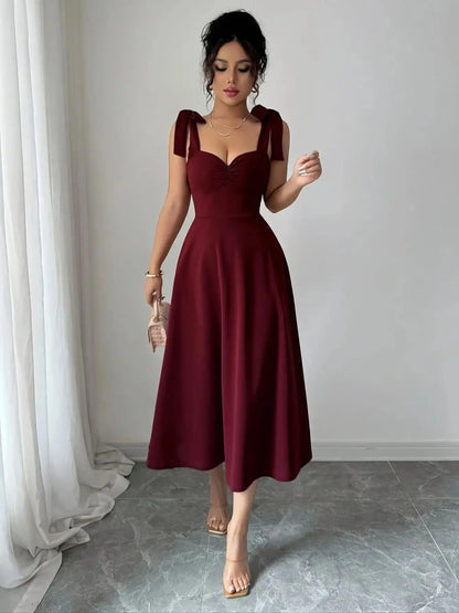 Women's elegant shoulder strap tie design, cinched waist, large A-line long dress, suitable for dates and parties