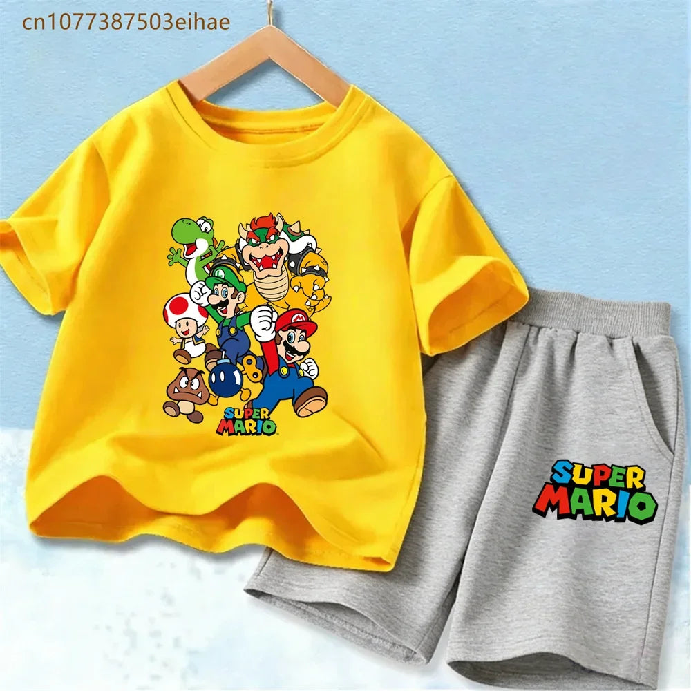 Summer Kids Clothing Sets Super Mario Cartoon Print Cotton Short Sleeve T-Shirt Casual Shorts Soft Outfits For Baby Boys Girls