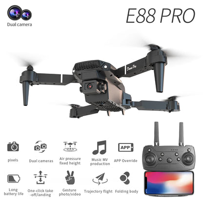 E88 PRO Foldable Drone with 4K Dual Camera, WiFi FPV, Altitude Hold, Gesture Control, One-Key Takeoff/Landing, Long Battery Life