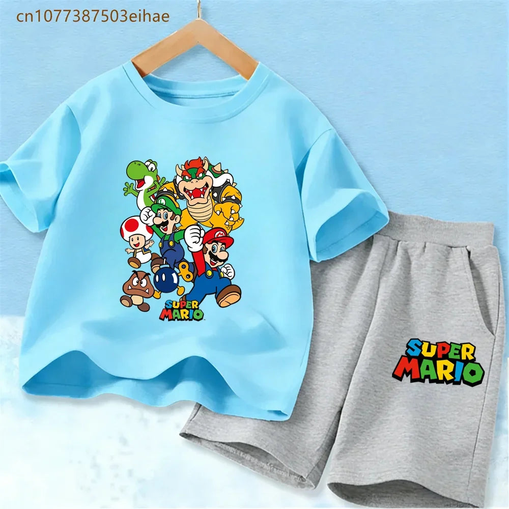 Summer Kids Clothing Sets Super Mario Cartoon Print Cotton Short Sleeve T-Shirt Casual Shorts Soft Outfits For Baby Boys Girls