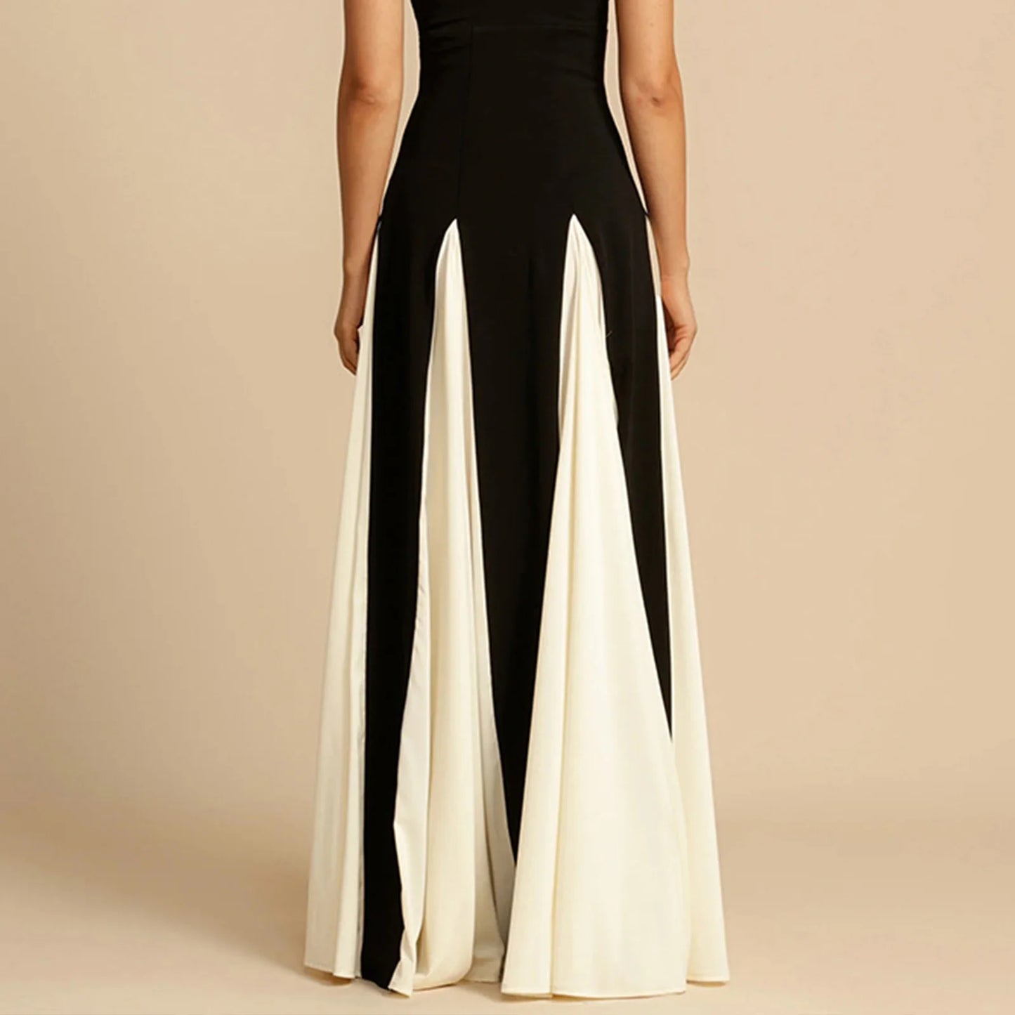 Elegant Black White Contrasting Women Sling Dress Fashion Backless Sleeveless High Waist Maxi Dresses Female Party A-Line Robes