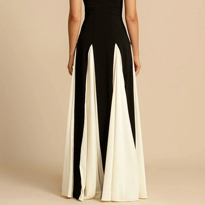Elegant Black White Contrasting Women Sling Dress Fashion Backless Sleeveless High Waist Maxi Dresses Female Party A-Line Robes