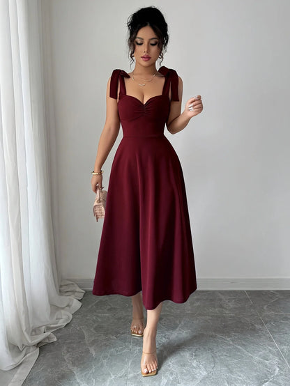Women's elegant shoulder strap tie design, cinched waist, large A-line long dress, suitable for dates and parties
