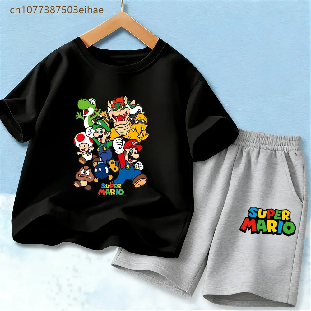 Summer Kids Clothing Sets Super Mario Cartoon Print Cotton Short Sleeve T-Shirt Casual Shorts Soft Outfits For Baby Boys Girls