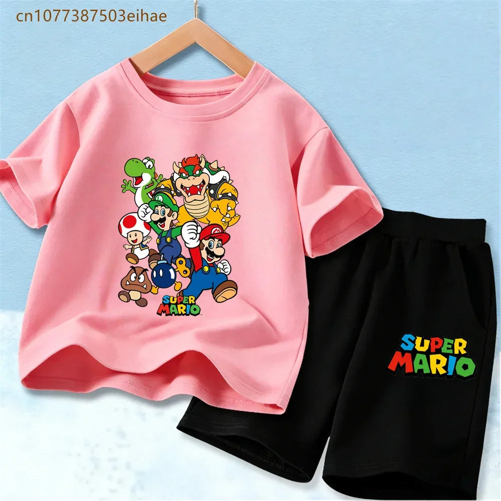 Summer Kids Clothing Sets Super Mario Cartoon Print Cotton Short Sleeve T-Shirt Casual Shorts Soft Outfits For Baby Boys Girls