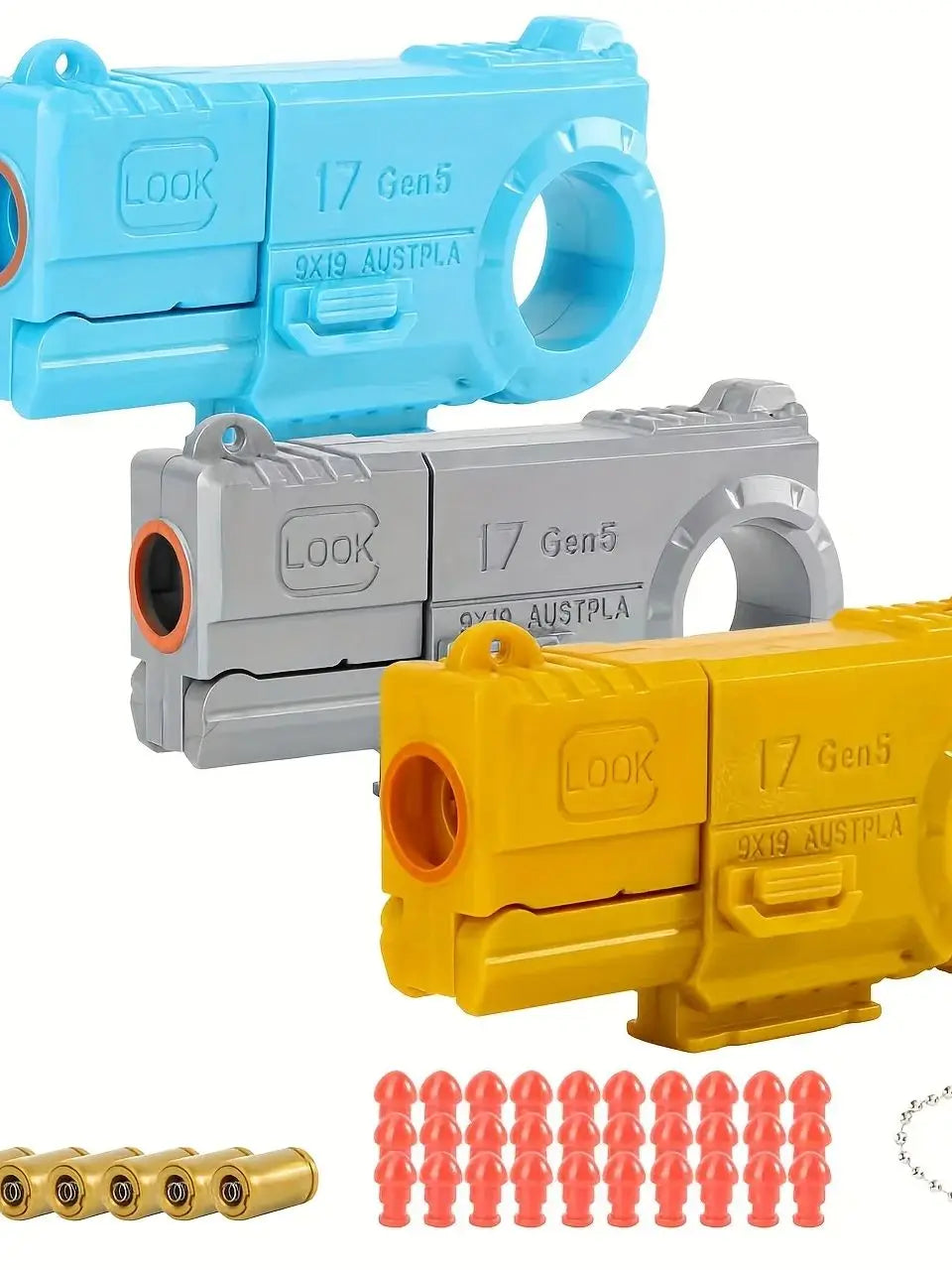 3pcs Glock Golden Finger Mini Ring Handgun Stress Relief Toy for Children Soft Bullet Launching Toy with Shell Ejection Feature