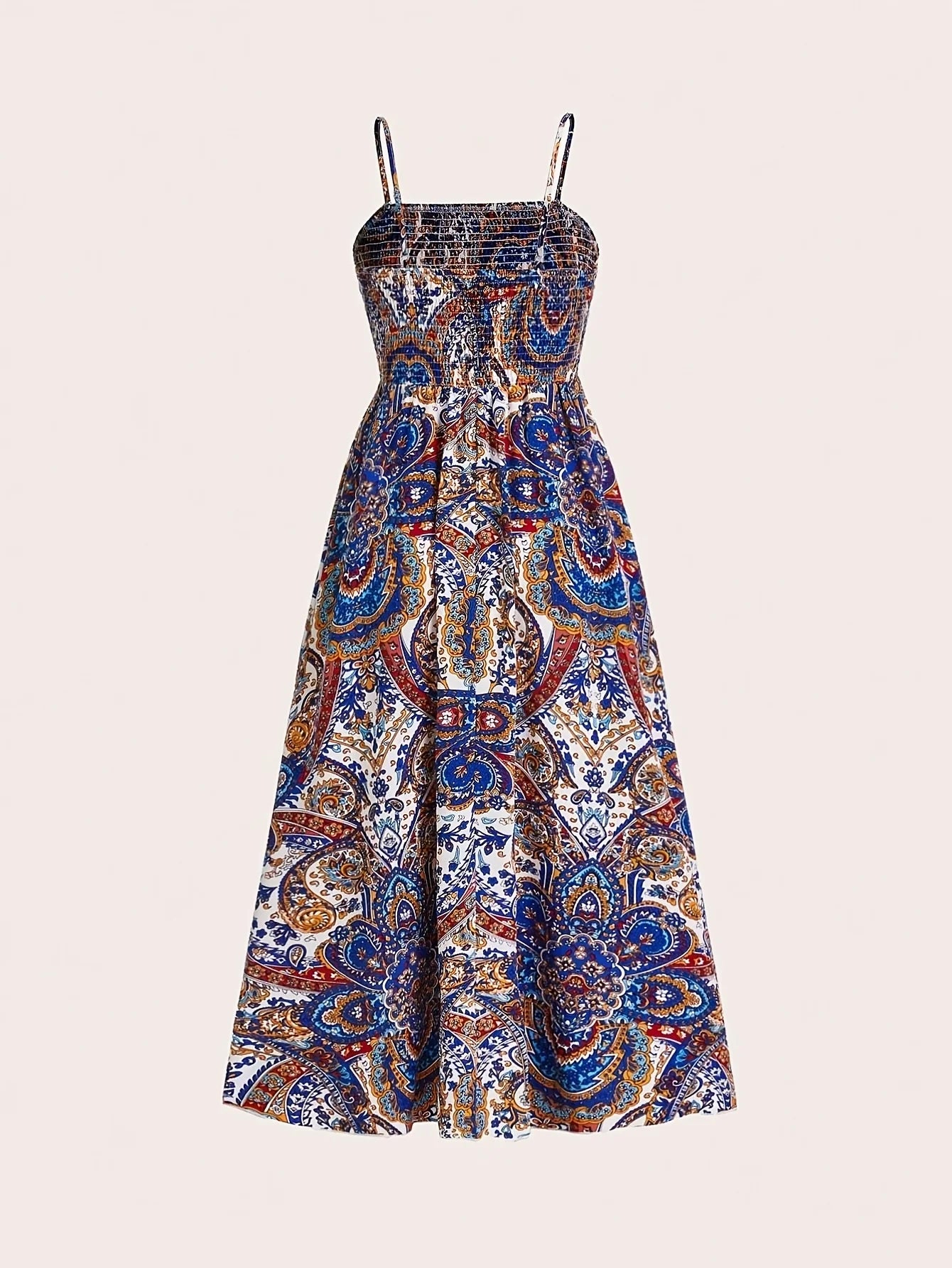 Women's Elegant Ethnic Paisley Print Swept Waist A Pendulum Resort Suspender Large Pendulum Long Dress