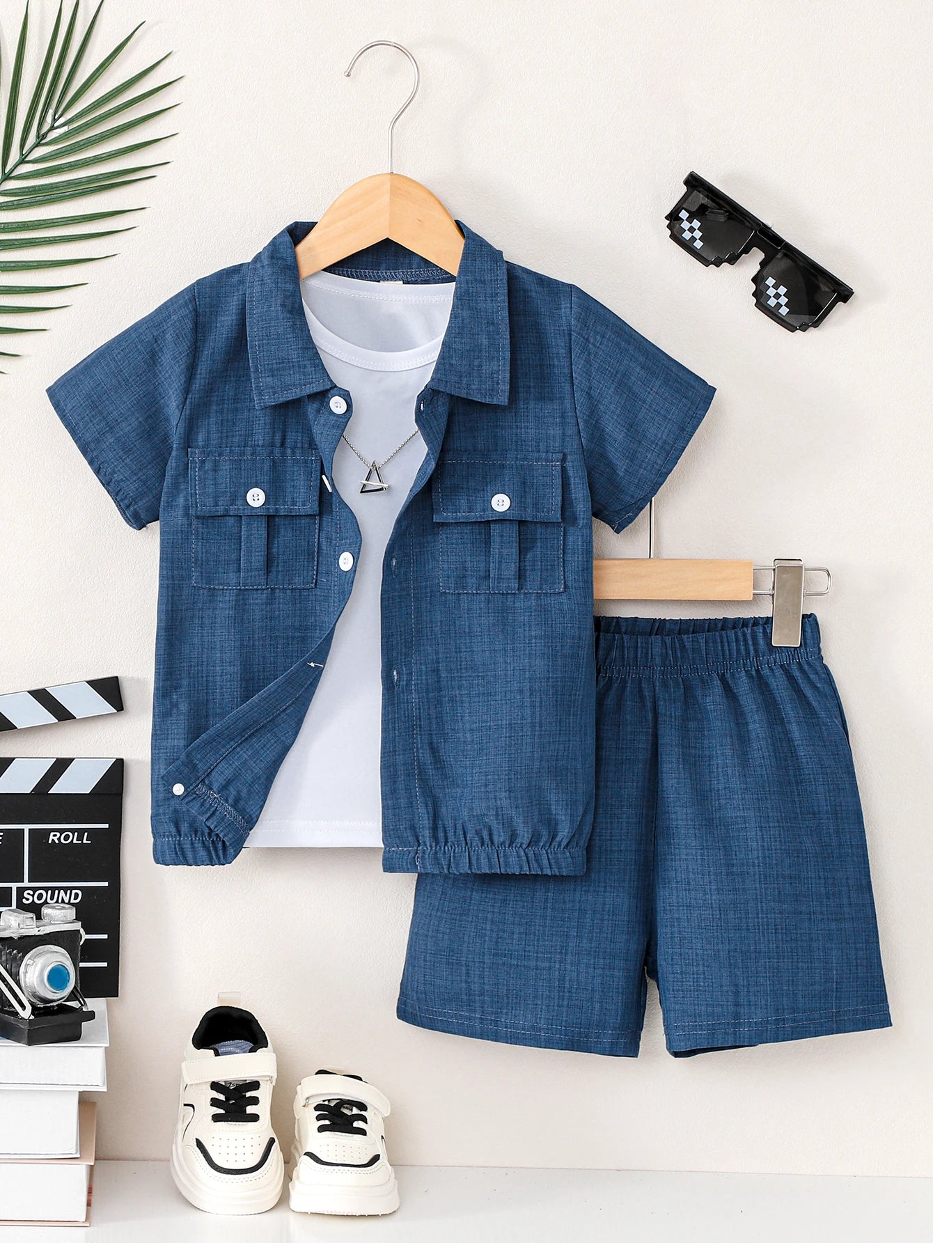 Boys Preppy Denim Blue Button Down Shirt 2Pcs Outfit, Short Sleeve Top + Shorts, Kids Summer Casual Clothes 3-12Y