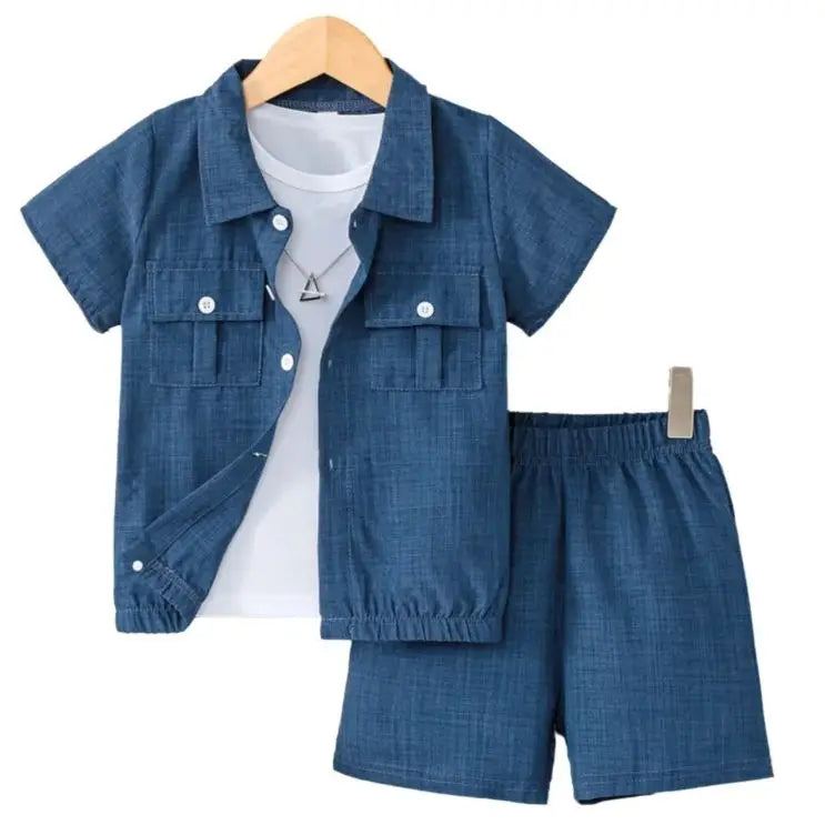 Boys Preppy Denim Blue Button Down Shirt 2Pcs Outfit, Short Sleeve Top + Shorts, Kids Summer Casual Clothes 3-12Y